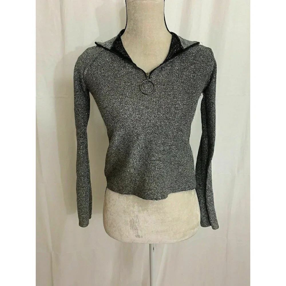 Zara WB Womens Silver Black Metallic Long Sleeve Zip Up Top Small